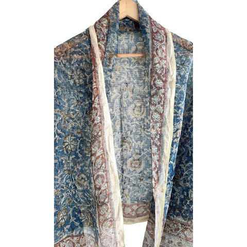 India Scarves Kota Doria Kalamkari Cotton Silk Dark Blue Colour Floral Dupatta