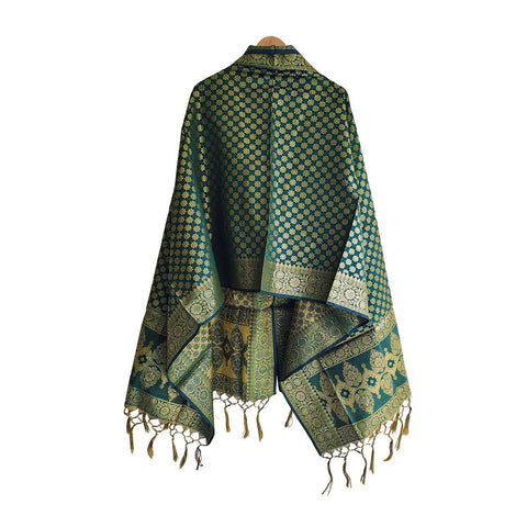 India scarves Banarasi Brocade with Floral Grid, Ornamental Border, and Tassel Finish