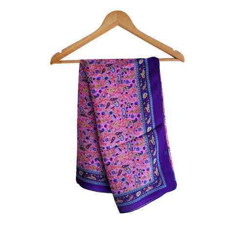 India Scarves Floral Paisley Print Silk Scarf, Light Weight Square Neck Wrap,  Border Pattern, 100x100 cm