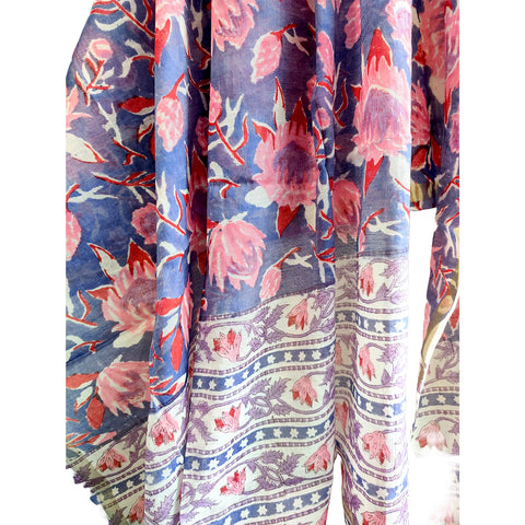 Chanderi Bagru Hand Block Printed Purple and Pink Floral Stole