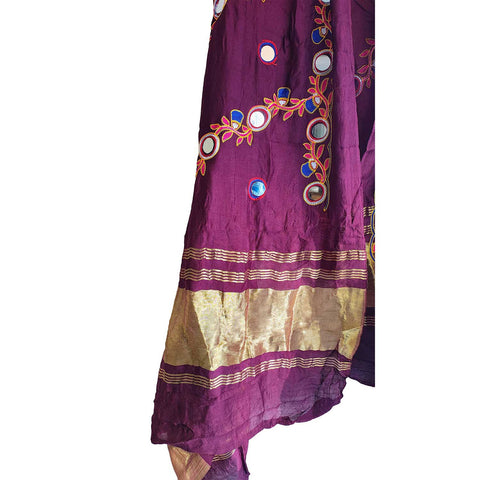 Handcrafted Purple Silk Dupatta with Gold Border, Floral Embroidered Mirror Work, Traditional Indian Scarf