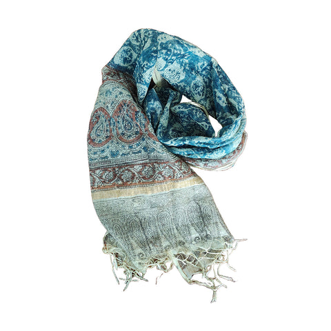 India Scarves Kota Doria Kalamkari Cotton Silk  Blue Colour Floral Dupatta