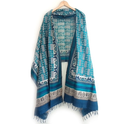 Women's Pure Kosa Silk Stole Adorned with Bastar Tribal Art Hand Paintings With Natural Color