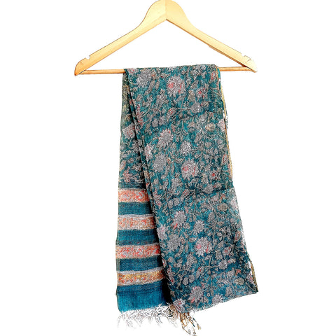 India Scarves Kota Doria Cotton Silk Teal Blue Floral Dupatta