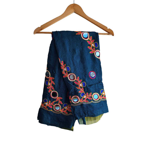 Handcrafted Purple Silk Dupatta with Gold Border, Floral Embroidered Mirror Work, Traditional Indian Scarf