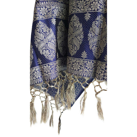 India scarves Banarasi Brocade with Floral Grid, Ornamental Border, and Tassel Finish