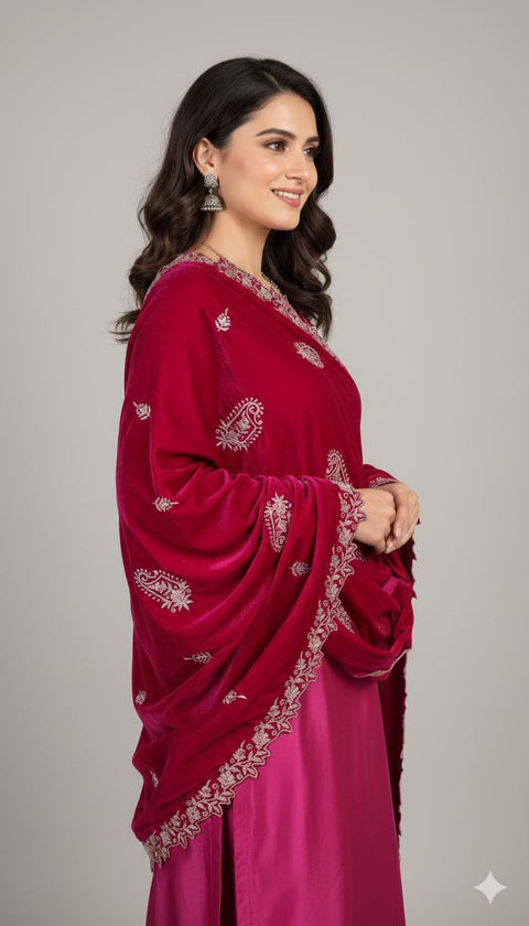 Velvet Dupatta for Women with Gold Zari Embroidery | Dupatta with Scalloped Border