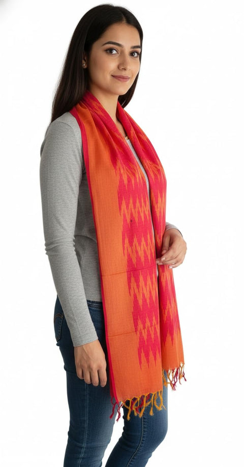 Cotton Ikkat Print Stole for Women, Blue and Indigo, Soft Lightweight Dupatta, 88 x 240 cm, Boho Traditional Indian Style
