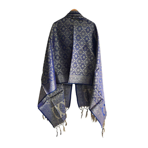 India scarves Banarasi Brocade with Floral Grid, Ornamental Border, and Tassel Finish