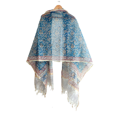 India Scarves Kota Doria Kalamkari Cotton Silk Dark Blue Colour Floral Dupatta