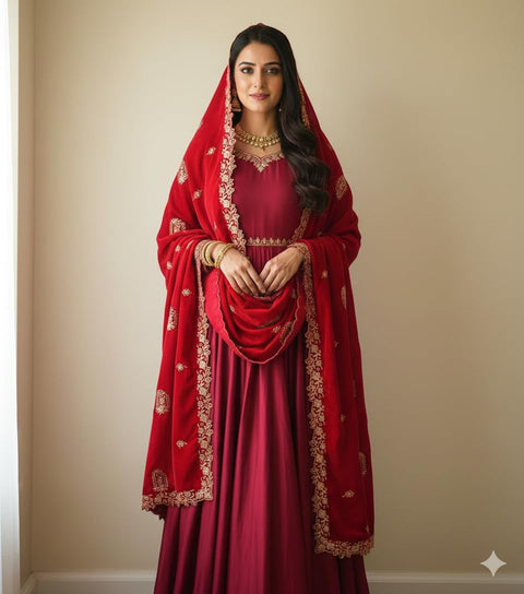 Velvet Dupatta for Women with Gold Zari Embroidery | Dupatta with Scalloped Border