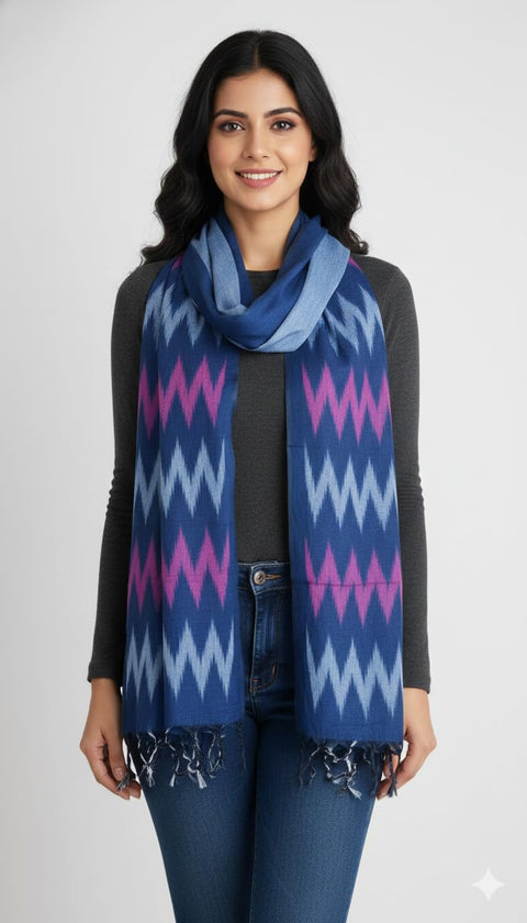 Cotton Ikkat Print Stole for Women, Blue and Indigo, Soft Lightweight Dupatta, 88 x 240 cm, Boho Traditional Indian Style