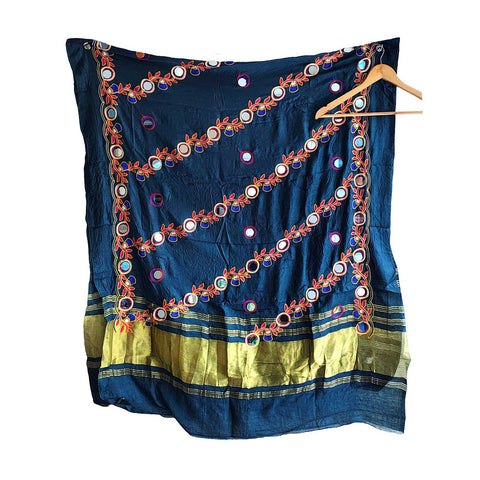 Handcrafted Purple Silk Dupatta with Gold Border, Floral Embroidered Mirror Work, Traditional Indian Scarf