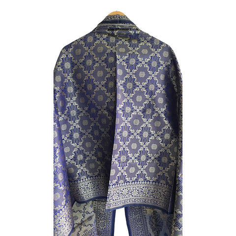 India scarves Banarasi Brocade with Floral Grid, Ornamental Border, and Tassel Finish