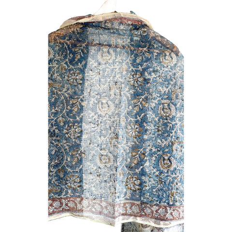 India Scarves Kota Doria Kalamkari Cotton Silk Dark Blue Colour Floral Dupatta