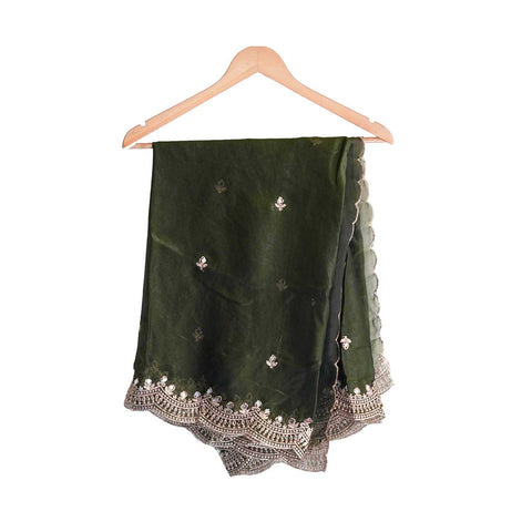 Fendi Fabric Dupatta with Bead Floral Work, Gota Lace Border