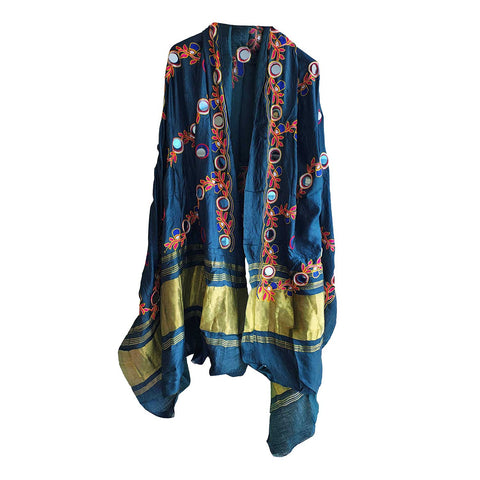 Handcrafted Purple Silk Dupatta with Gold Border, Floral Embroidered Mirror Work, Traditional Indian Scarf