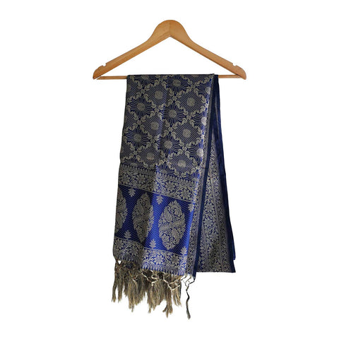 India scarves Banarasi Brocade with Floral Grid, Ornamental Border, and Tassel Finish