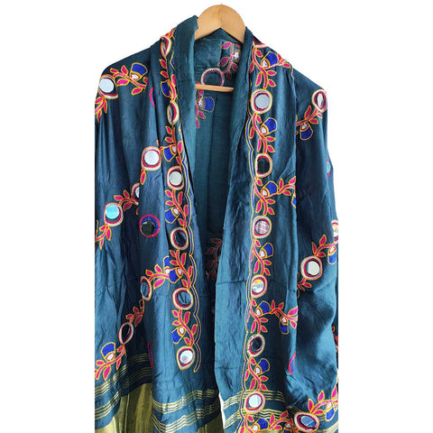 Handcrafted Purple Silk Dupatta with Gold Border, Floral Embroidered Mirror Work, Traditional Indian Scarf