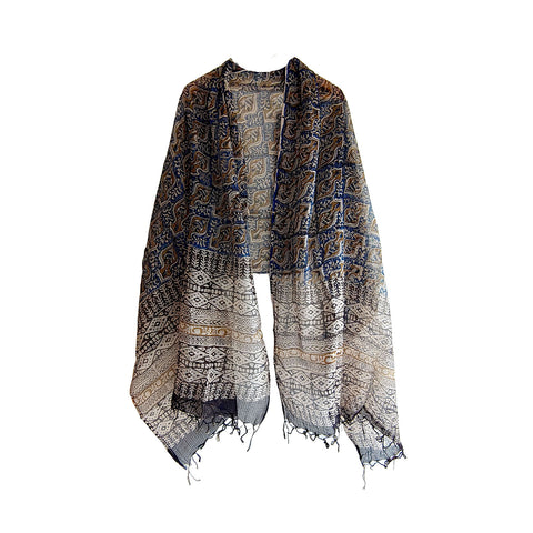 India Scarves Bagru Hand Block Floral kota Doriya silk cotton Dupatta (Dark Blue)