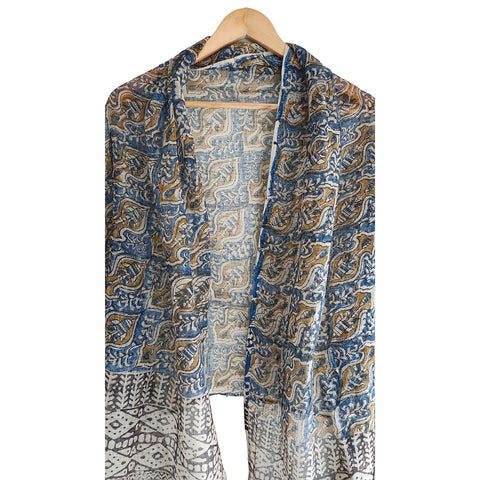 India Scarves Bagru Hand Block Floral kota Doriya silk cotton Dupatta (Dark Blue)