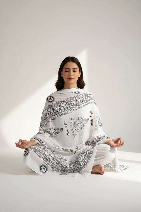 Woman wrapped in a white shawl with black patterns, sitting on a white surface.