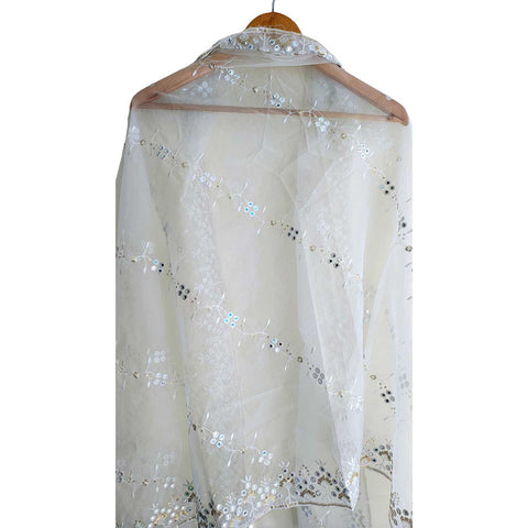 India Scarve's Net Cut Goldan Embroidered Floral Design  Dupatta