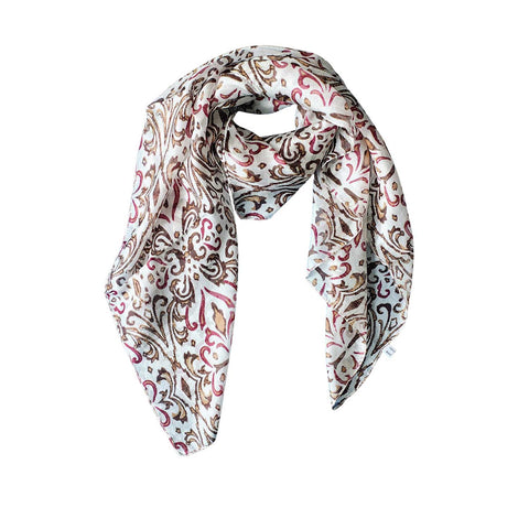 India Scarves Floral Paisley Print Silk Scarf, Light Weight Square Neck Wrap,  Border Pattern, 100x100 cm