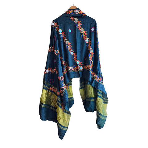 Handcrafted Purple Silk Dupatta with Gold Border, Floral Embroidered Mirror Work, Traditional Indian Scarf
