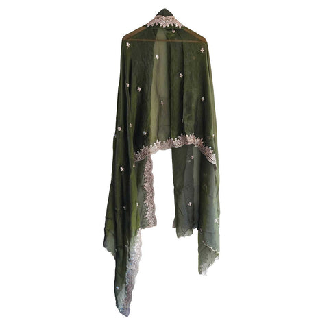Fendi Fabric Dupatta with Bead Floral Work, Gota Lace Border