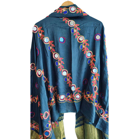 Handcrafted Purple Silk Dupatta with Gold Border, Floral Embroidered Mirror Work, Traditional Indian Scarf