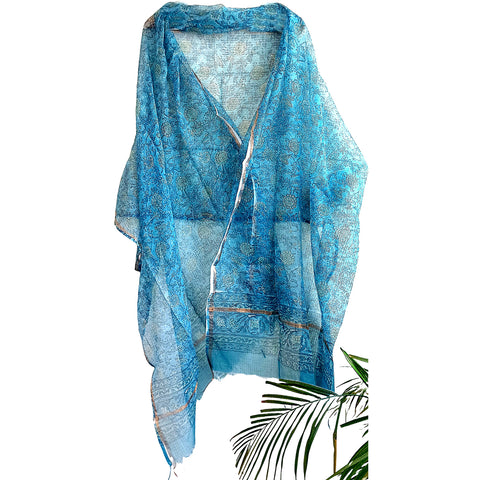 India Scarves Kota Doria Cotton Silk Blue Color Floral Dupatta…