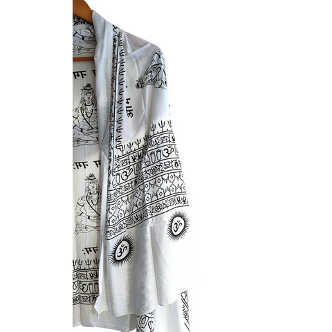 India Scarf Rayon Sarong with Hand-Printed Om Motifs( White And Black )