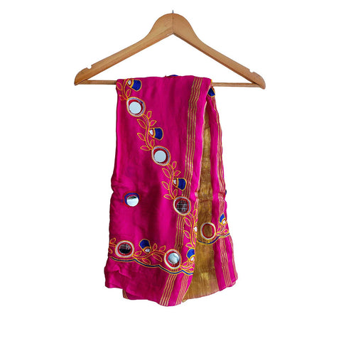 Handcrafted Purple Silk Dupatta with Gold Border, Floral Embroidered Mirror Work, Traditional Indian Scarf