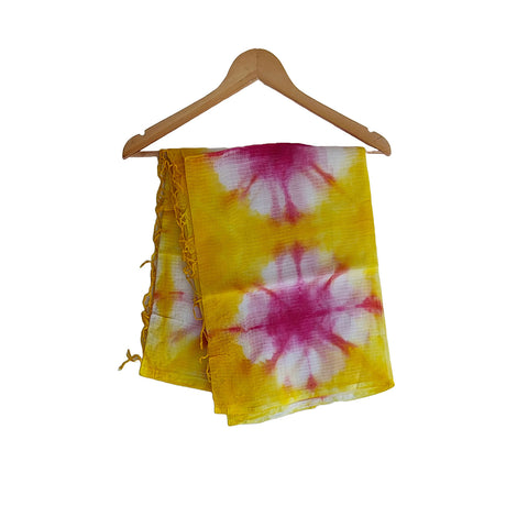 India Scarves Bagru Hand Block Floral kota Doria silk cotton Dupatta (Yellow)