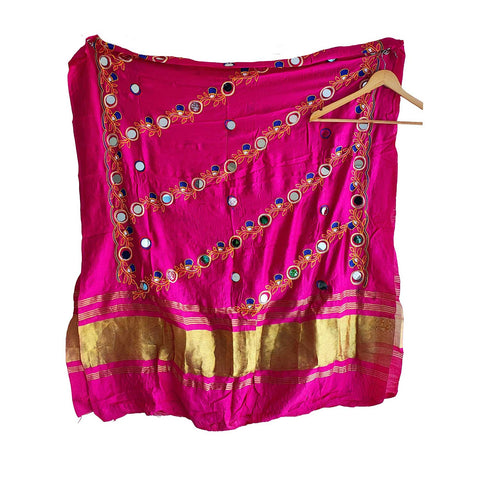 Handcrafted Purple Silk Dupatta with Gold Border, Floral Embroidered Mirror Work, Traditional Indian Scarf
