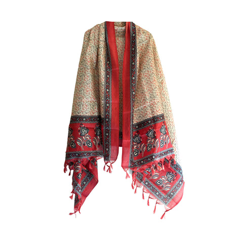 Khadi Cotton Floral Printed Design Dupatta( Beige And Red )