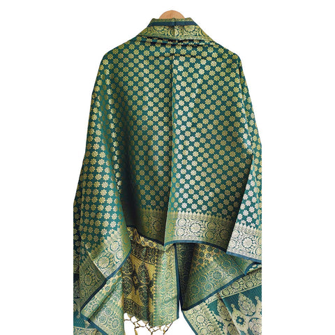 India scarves Banarasi Brocade with Floral Grid, Ornamental Border, and Tassel Finish