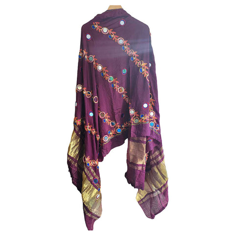 Handcrafted Purple Silk Dupatta with Gold Border, Floral Embroidered Mirror Work, Traditional Indian Scarf