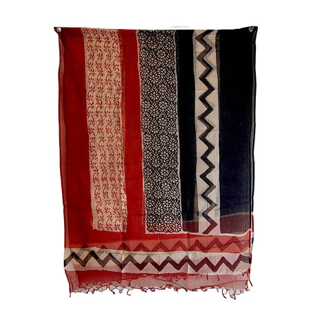 India Scarves Bagru Hand Block Floral kota Doria silk cotton Dupatta(Red And Black)