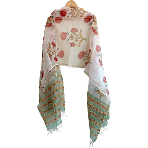 India Scarves Kota Doria Cotton Silk White and Red floral…