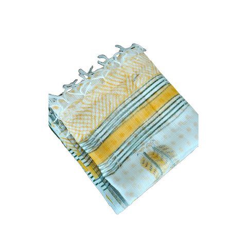 India Scarves Bagru Hand Block Floral kota Doriya silk cotton Dupatta(White)