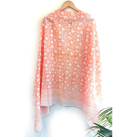 Bagru Block Print Orange Floral Sarong, Sarong Beach Wrap, Cotton Sarong,Pareo, Summer Beach Pareo ,Size 45X75 Inc