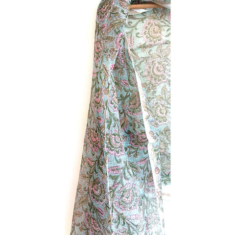 Kota Doria Cotton Silk Teal base Hand Block Printed Duptta with Pink and Green Flowers