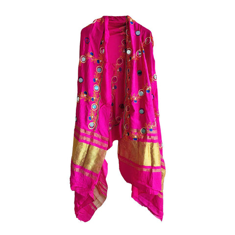 Handcrafted Purple Silk Dupatta with Gold Border, Floral Embroidered Mirror Work, Traditional Indian Scarf