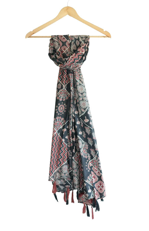 Traditional Ajrakh Print Cotton Stole, Black, Mandala Pattern with Tassels