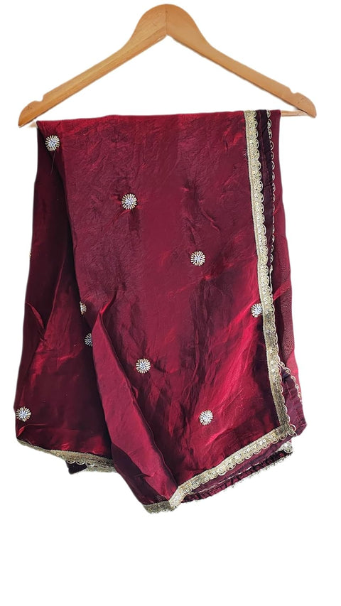 Fendi Fabric Dupatta with Bead Floral Work, Gota Lace Border