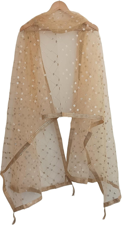 Traditional Embroidered Net Dupatta with Golden Border, Red Sequined Scarf, Diamond Pattern Dupatta, Chunni