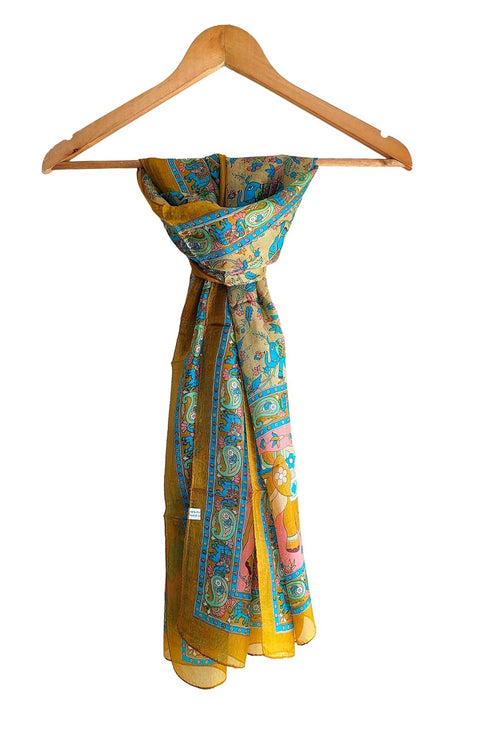 Silk Stole, Prints Multi Color, 51 cm Width x 65 cm Length, Lightweight(Yellow And Blue)