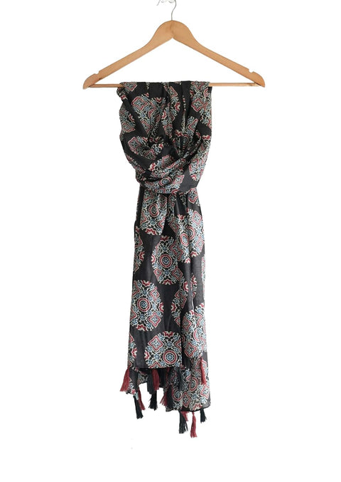 Traditional Ajrakh Print Cotton Stole, Black, Mandala Pattern with Tassels
